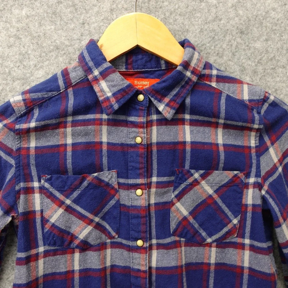 Girls Flannel Shirt Rhinestone Emoji L Blue Plaid Smiley Patch Pearl Snap BUTTER
